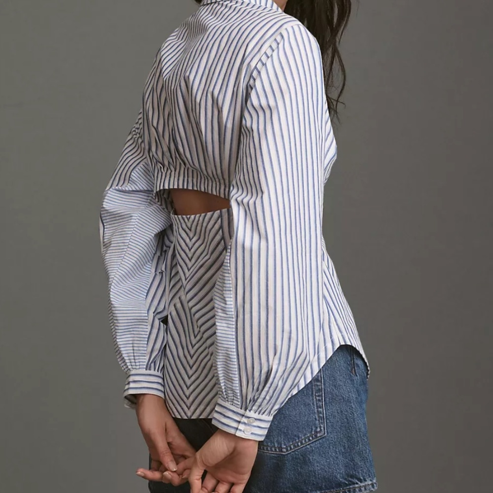 Maeve by Anthropologie Mixed Stripe Cutout Buttondown Shirt Blue & White XS